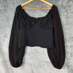 Womens Top XL Black Babydoll Y2K Whimsigoth Fairy Grunge Goth‎ Milkmaid Cropped